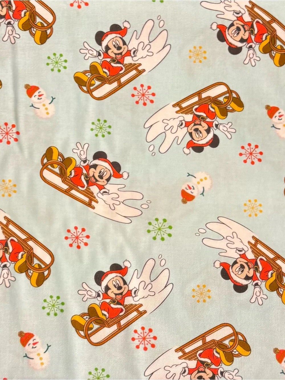 Fabric Disney Light Blue Mickey Mouse Holiday Sledding 3 Yards Long 44/45” New